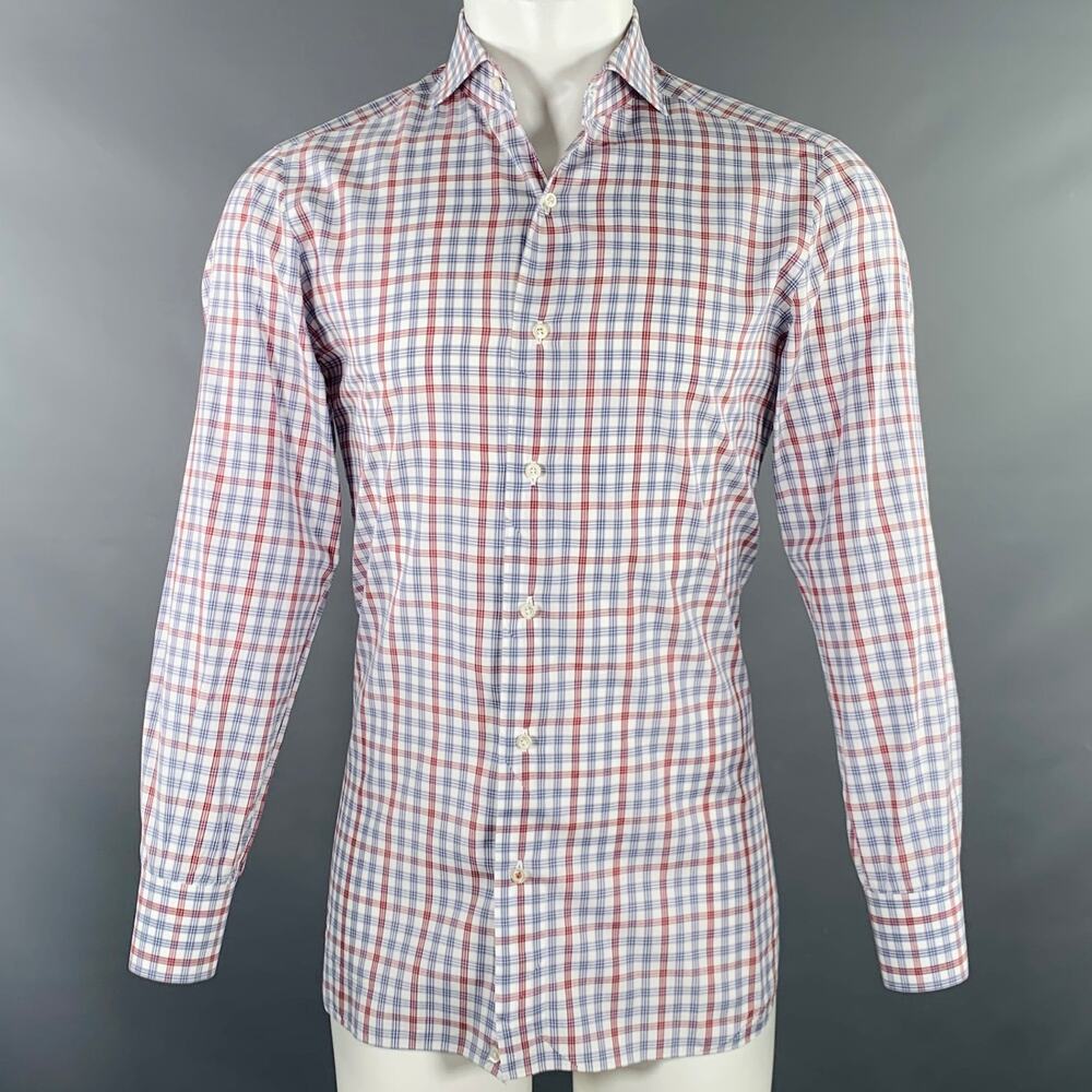 ISAIA Size M Burgundy White Blue Plaid Cotton Spread Collar Long Sleeve Shirt